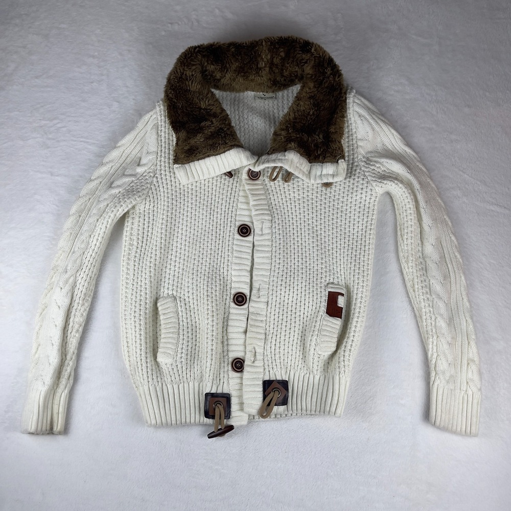 Vercini Sweater Womens Medium White Chunky Cable Knit Sherpa Collar Button Front